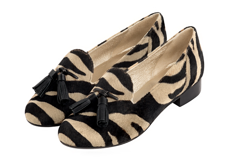 Safari black women's loafers with pompons. Round toe. Flat leather soles. Front view - Florence KOOIJMAN